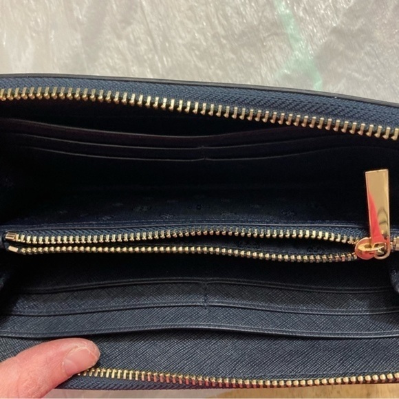 Tory Burch blue saffiano leather large zipper clutch wristlet wallet